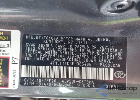 2014 Toyota Camry Se from USA, damaged, VIN 4T1BF1FK3EU365466